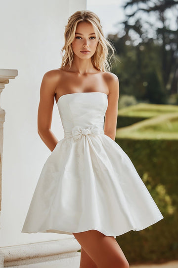 White A Line Strapless Satin Mini Graduation Dress with Bow